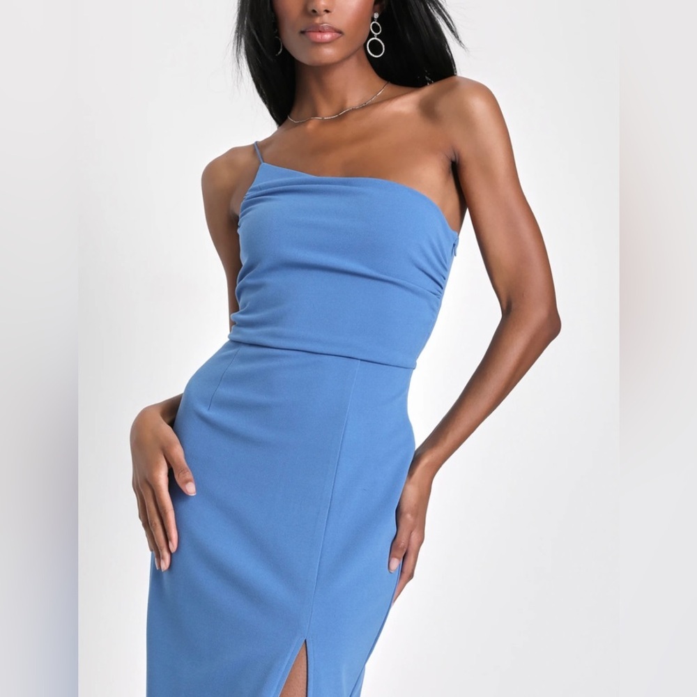 Lulu's One Shoulder Side-Slit Midi Dress in Slate Blue